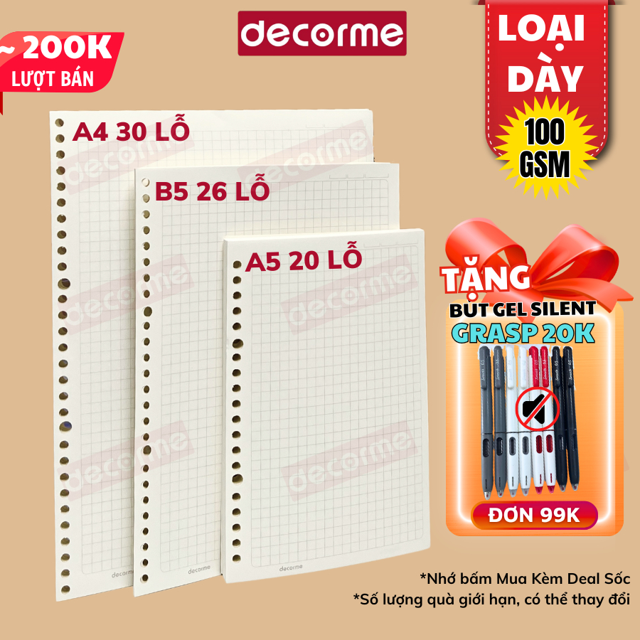 Giấy sổ còng Decorme giấy refill  ruột sổ còng A5 B5 A4 20 26 30 lỗ sổ còng giấy refill caro kẻ ngan
