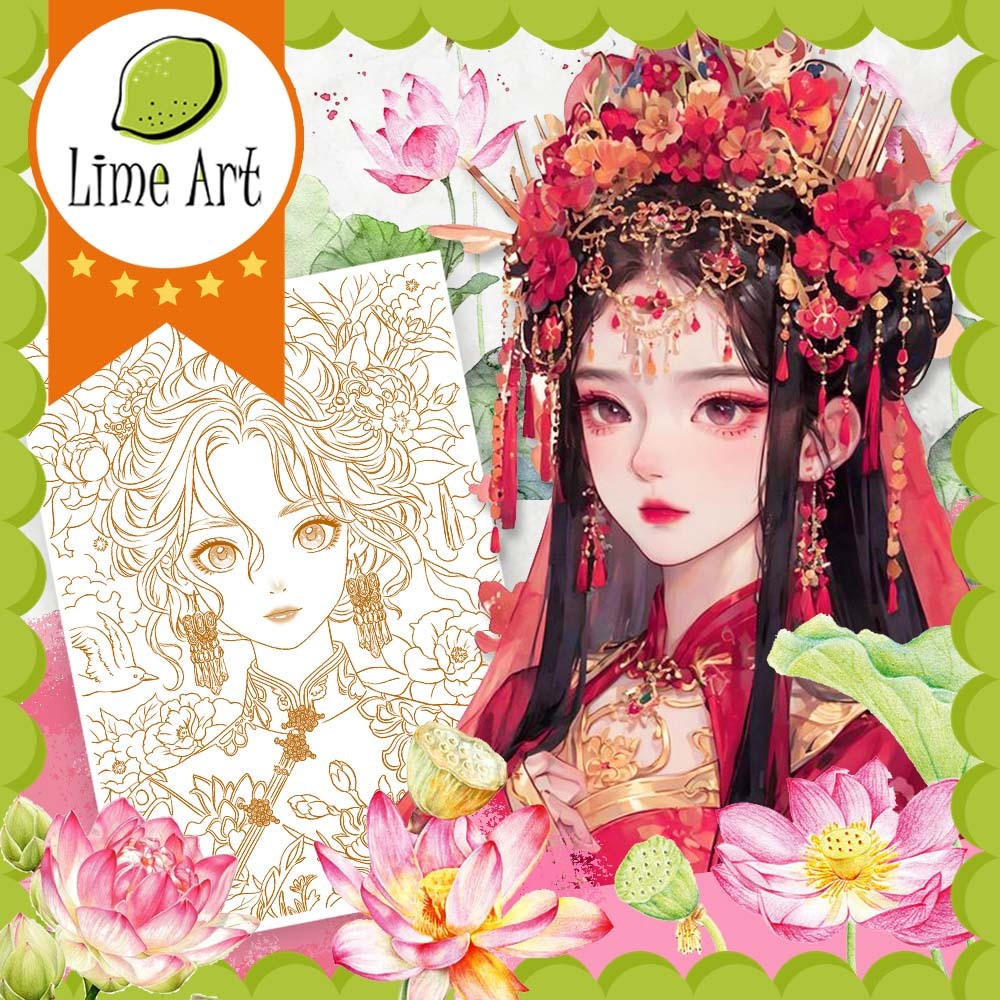Tranh tô màu / Tranh tô màu nước CỔ TRANG / Line Art / Khổ A5 dày 300gsm / Lime Art