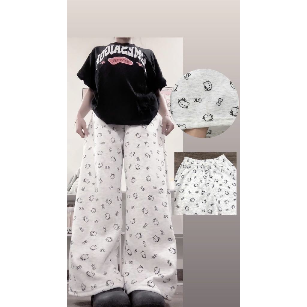 (LOẠI ĐẸP) Quần nỉ Mèo Hello Kitty nữ dài ống rộng cute mềm mịn EMMIE HOUSE
