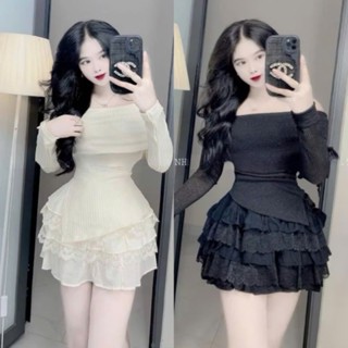SET Bộ ÁO Tăm GÂN LỆCH VAI CỘT NƠ Vạt Xéo Croptop + Chân Váy Tơ Tầng Viền REN Có Lót Quần