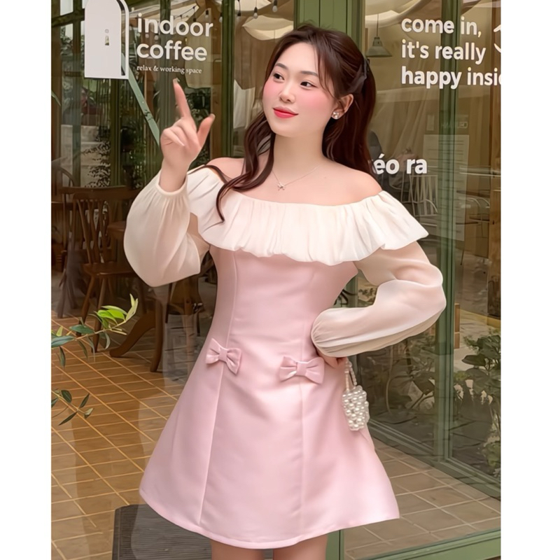 Lovely dress Váy tafta trễ vai đính nơ eo dáng ngắn trên gối xoè A style tiểu thư công chúa Dress Nữ Dilyshop | BigBuy360 - bigbuy360.vn