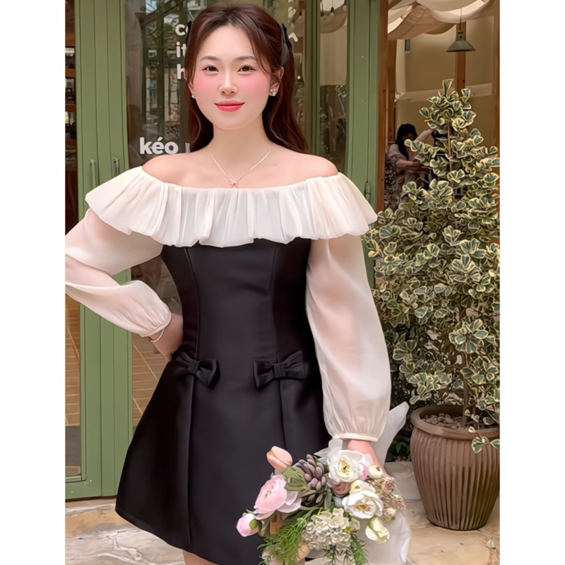 Lovely dress Váy tafta trễ vai đính nơ eo dáng ngắn trên gối xoè A style tiểu thư công chúa Dress Nữ Dilyshop | BigBuy360 - bigbuy360.vn