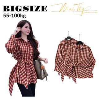 Áo sơ mi nữ dáng dài kẻ caro đỏ buộc nơ eo vạt chéo siêu xinh phong cách Hàn Quốc