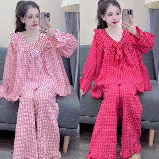 Set đồ bộ nữ babydoll dài dài họa tiết kẻ caro chất đũi xốp siêu xinh,set pijama kẻ kiểu dáng babydoll bánh bèo tiểu thư