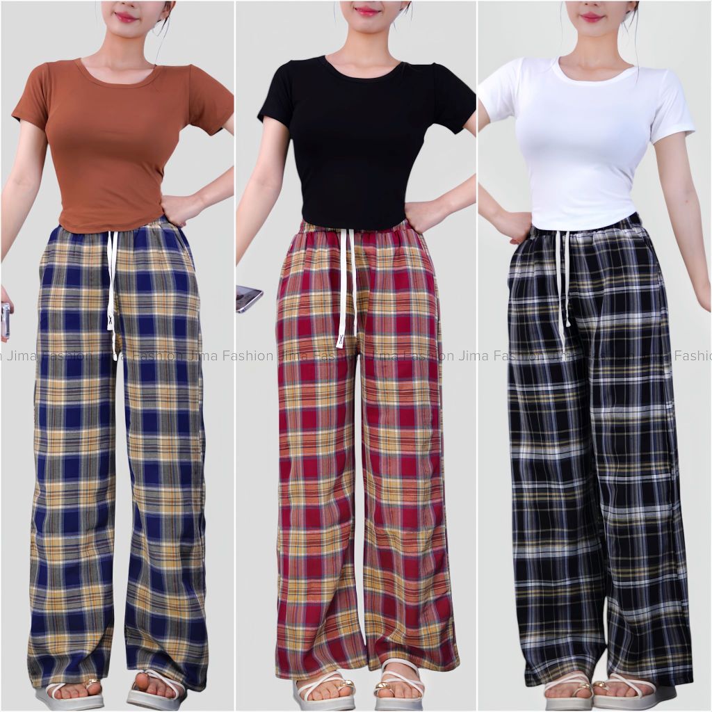 Quần kẻ caro ống rộng Jima Fashion Ulzzang style Lưng chun vải dạ cao cấp mềm mại Quần ống rộng mặc 