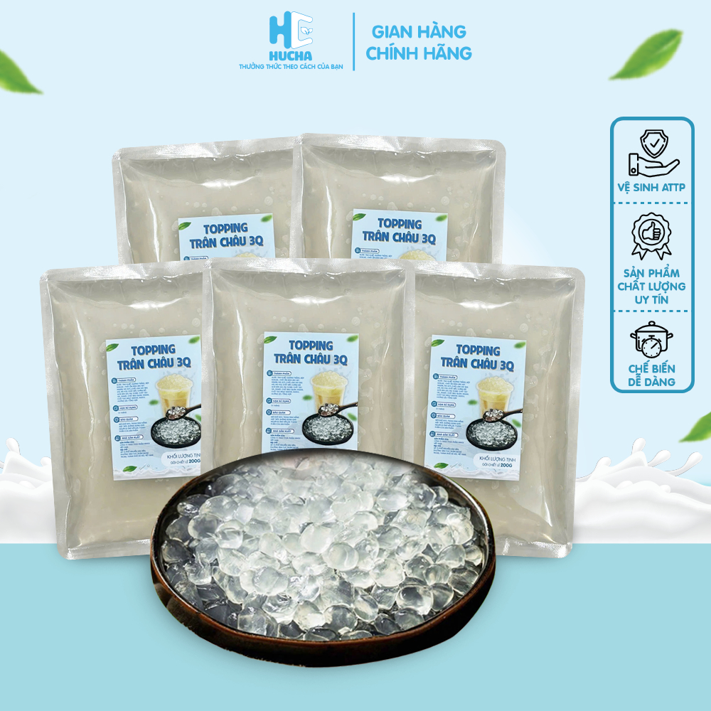 Trân châu 3Q trắng gói 200g hạt có độ giòn ngọt thơm và đều hạt, nguyên liệu Hucha