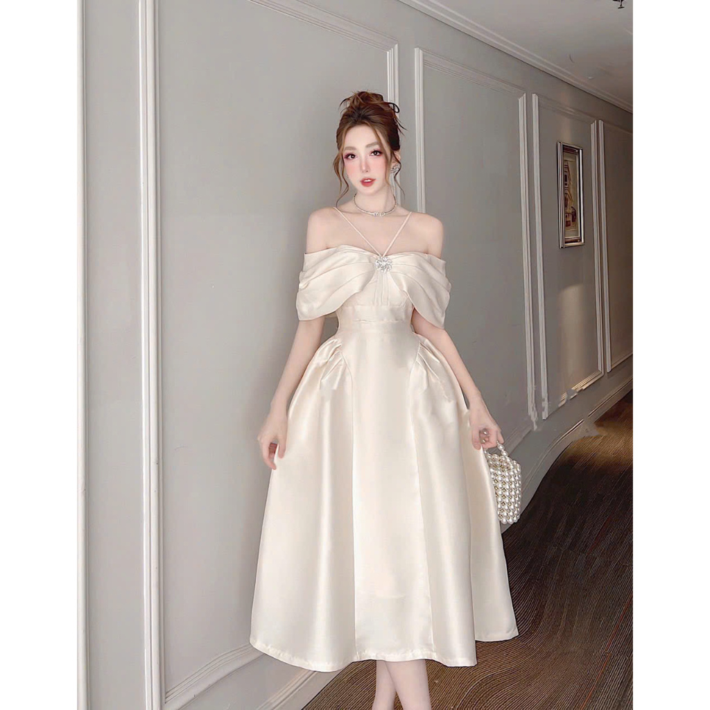 Váy cổ yếm đính đá to váy dáng dài qua gối váy nữ dự tiệc cưới váy nữ sang chảnh shop HK DESIGN