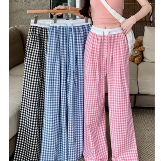Quần ống rộng kẻ caro phối cạp trắng có dây rút siêu hot