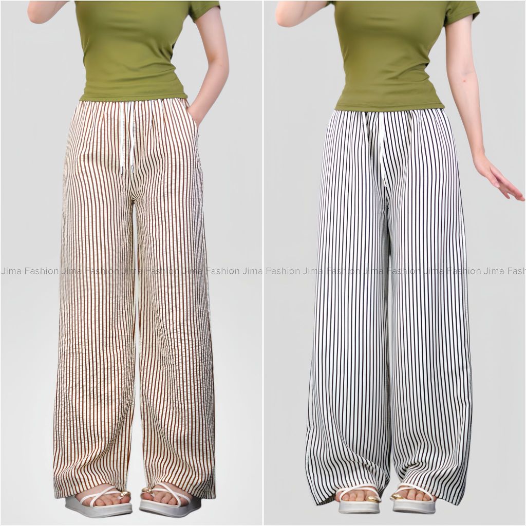 Quần ống rộng kẻ sọc nữ Jima Fashion cạp chun dây rút đũi thô mềm mại thoáng khí quần ống rộng kẻ sọ