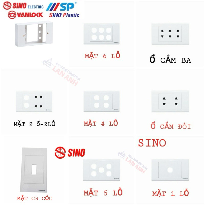 Thiết Bị Điện Vanlock SINO Ổ Cắm- Công tắc- Mặt- Đế Nổi- Đế Âm.