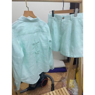 Set đồ nữ  áo sơ mi dài tay 3 nơ sau & quần short lưng thun linen tưng Premium