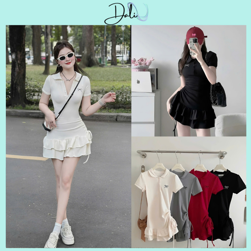 Đầm Tiểu Thư Cổ Polo Thêu Nơ Rút Eo Phối Bèo 2 Tầng Chất Liệu Tăm Hàn Tặng Kèm Quần Trong | BigBuy360 - bigbuy360.vn