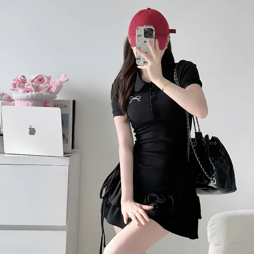 Đầm Tiểu Thư Cổ Polo Thêu Nơ Rút Eo Phối Bèo 2 Tầng Chất Liệu Tăm Hàn Tặng Kèm Quần Trong | BigBuy360 - bigbuy360.vn