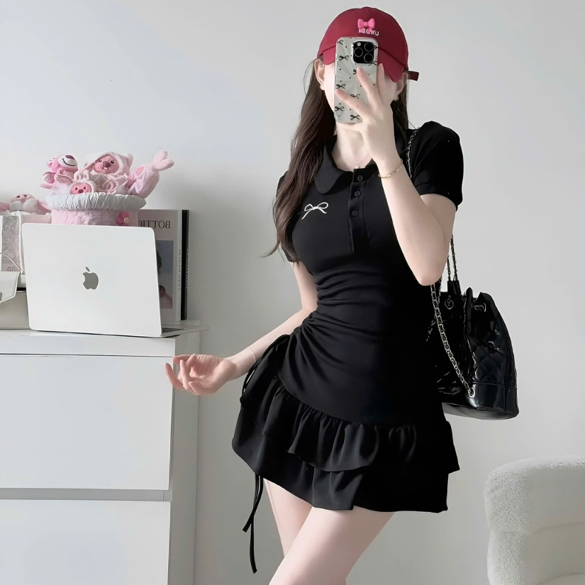 Đầm Tiểu Thư Cổ Polo Thêu Nơ Rút Eo Phối Bèo 2 Tầng Chất Liệu Tăm Hàn Tặng Kèm Quần Trong | BigBuy360 - bigbuy360.vn