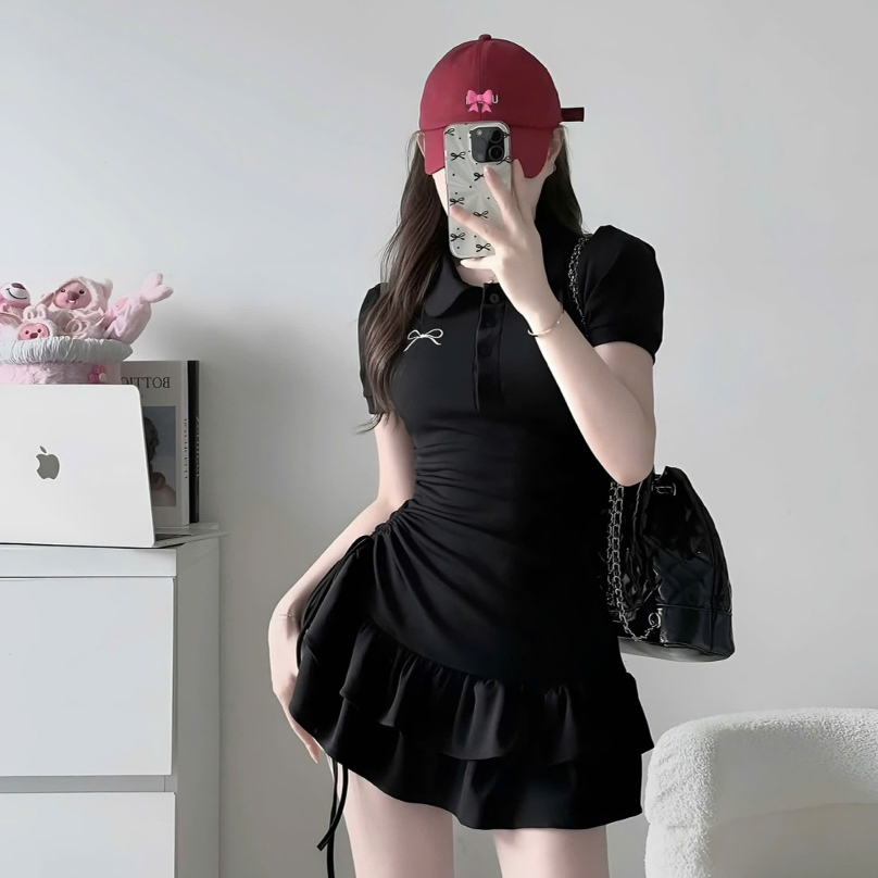 Đầm Tiểu Thư Cổ Polo Thêu Nơ Rút Eo Phối Bèo 2 Tầng Chất Liệu Tăm Hàn Tặng Kèm Quần Trong | BigBuy360 - bigbuy360.vn