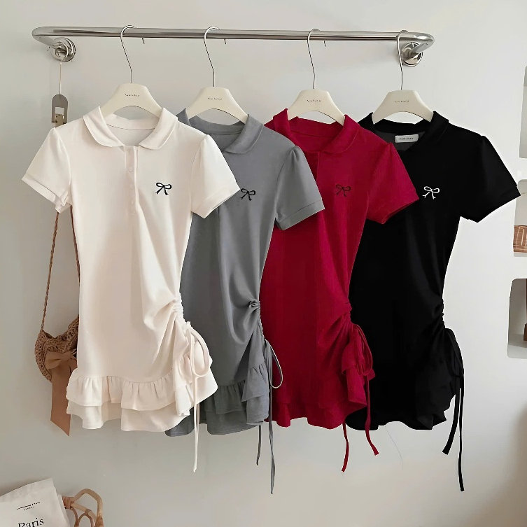 Đầm Tiểu Thư Cổ Polo Thêu Nơ Rút Eo Phối Bèo 2 Tầng Chất Liệu Tăm Hàn Tặng Kèm Quần Trong | BigBuy360 - bigbuy360.vn