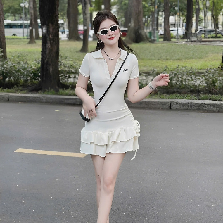 Đầm Tiểu Thư Cổ Polo Thêu Nơ Rút Eo Phối Bèo 2 Tầng Chất Liệu Tăm Hàn Tặng Kèm Quần Trong | BigBuy360 - bigbuy360.vn