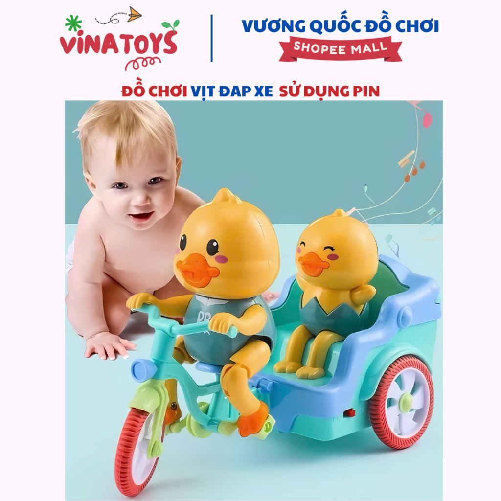 Đồ Chơi Vịt Vàng Đạp Xe VINATOYS, Có Nhạc Vui Nhộn Bánh Xe Phát Đèn Sáng, Nhựa An Toàn Cho Bé (Sử Dụng Pin)