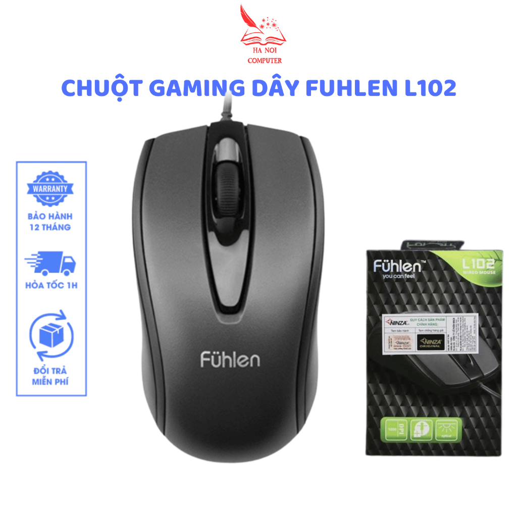 Chuột Dây Fuhlen L102 Chính Hãng 1000 DPI Optical USB (Đen), BH 12T, Siêu Bền, Chuột Văn Phòng, Laptop, PC