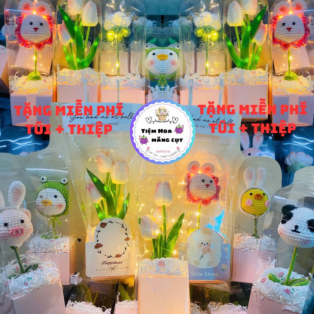 Hộp quà hoa len, hoa handmade, hoa len tặng trong các dịp lễ, quà tặng kèm túi + thiệp