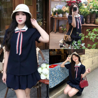 [Hàng xịn loại 1] Set bộ xanh than áo sơ mi cổ sen kèm nơ Thome kèm chân váy bí phồng tiểu thư MS19