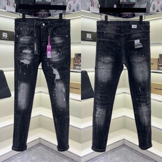 Quần jean bò nam DSQ slimfit đen mài bạc rách xước tua vảy sơn dập nhăn 3D mác hồng 4 cúc boy phố QJ674P