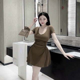 SET ĐẦM CỔ V TAY NGẮN NHÚN EO KÈM QUẦN BASIC