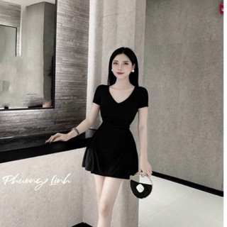 SET ĐẦM CỔ V TAY NGẮN NHÚN EO KÈM QUẦN BASIC