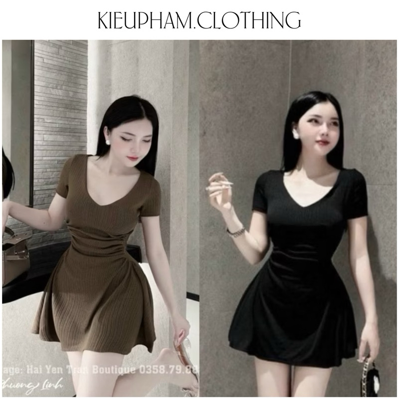 SET ĐẦM CỔ V TAY NGẮN NHÚN EO KÈM QUẦN BASIC