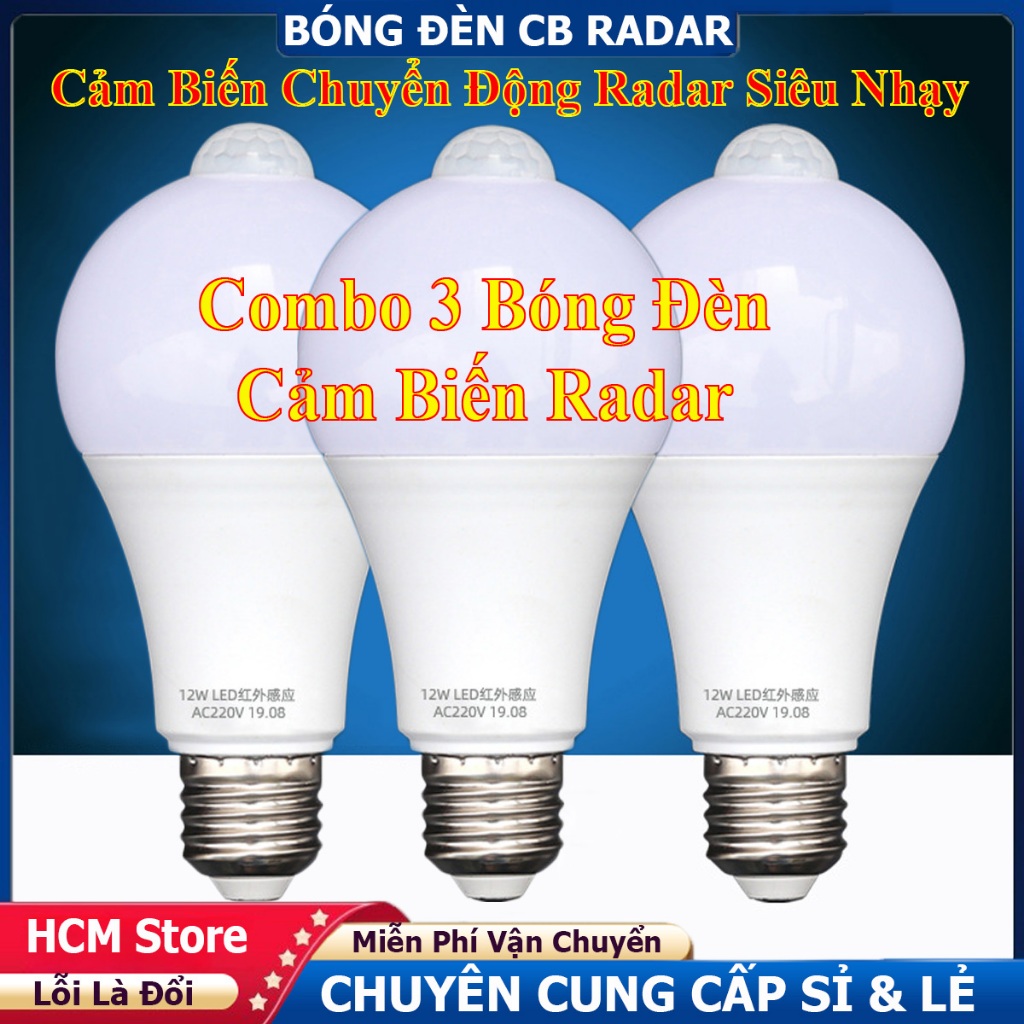 Combo 3 Bóng Đèn Cảm Biến Chuyển Động Radar-Hồng Ngoại Đèn Sáng Khi Có Người Qua, Bóng Đèn Siêu Sáng