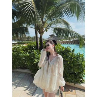 set ren be kem cổ V áo thụng babydoll mix quần short ống rộng thiết kế basic TỰ MAY LẠI, Set bộ dài tay cổ V đi biển C1