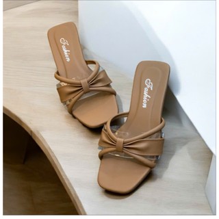 dép nữ qoai meka Giày cao gót 3 phân quai quai thắt nơ dễ thương