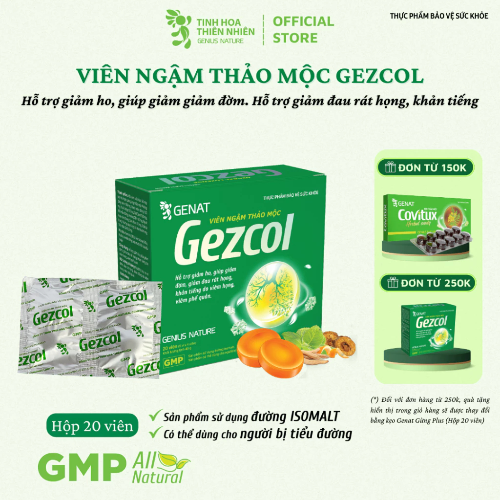 Viên ngậm thảo mộc Gezcol (Hộp 20 viên) - Hỗ trợ giảm ho, đờm, đau rát họng, khản tiếng do viêm họng