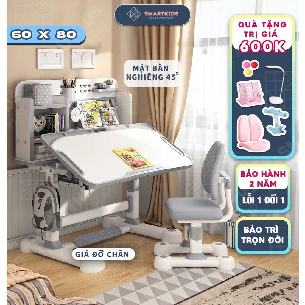 Bộ Bàn Học Chống Gù C12 Smart Kids Size Lớn 60x80, Mặt Bàn Nghiêng 0-45 Độ, Kèm Nhiều Quà Tặng