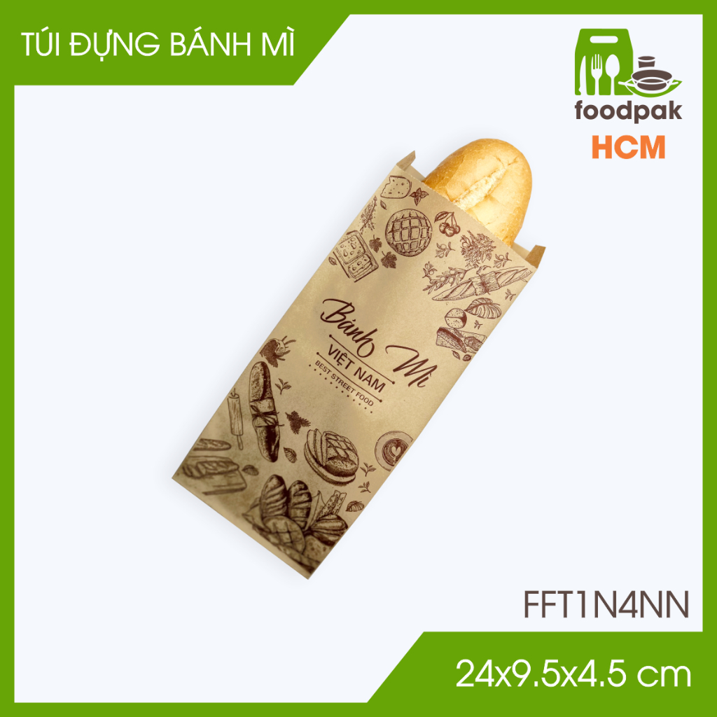 FFT1N4NN - 24x9.5x4.5cm - Combo 100 túi giấy nâu đựng bánh mì - Túi bánh mì mang đi -F.MFT1N4NN