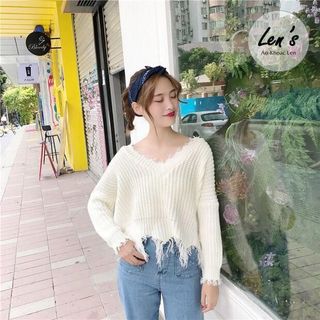 Áo len tay dài cổ tim len xé Nàng Len