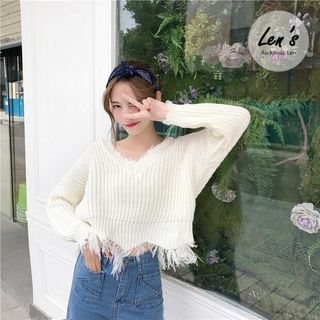 Áo len tay dài cổ tim len xé Nàng Len