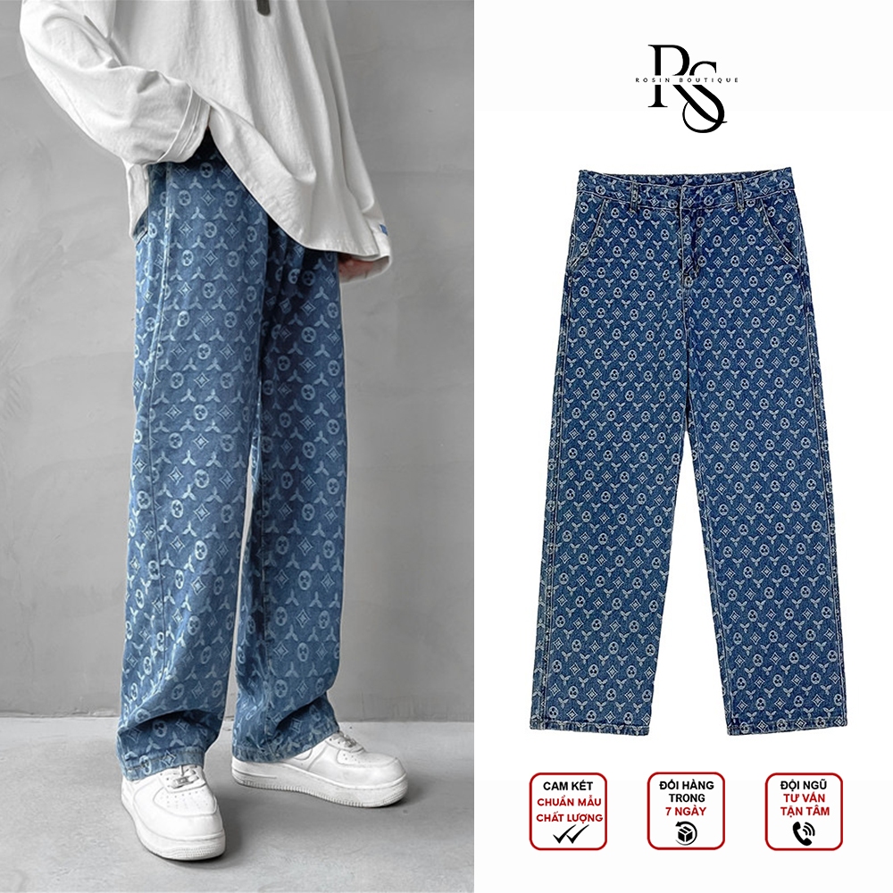 Quần Jean Lv Nam Ống Rộng Thiết Kế Họa Tiết Monogram In Nổi Chất Vải Dày Dặn Phong Cách Unisex
