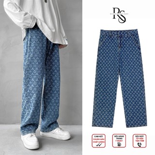 Quần Jean Lv Nam Ống Rộng Thiết Kế Họa Tiết Monogram In Nổi Chất Vải Dày Dặn Phong Cách Unisex