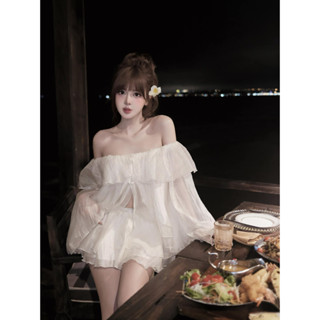 set tơ trắng trễ vai tà dài xẻ mix chân váy nhiều tầng dáng ngắn MPB thiết kế TỰ MAY LẠI, Set trễ vai dài tay lyn