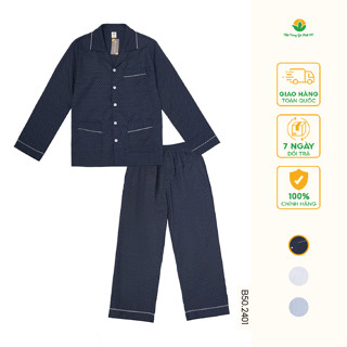 Đồ bộ pijama nam trung niên chất Cotton quần dài, áo dài tay thời trang Việt Thắng B50.2401