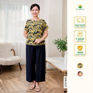 Bộ áo lanh phối quần linen trung niên, quần dài áo cộc tay họa tiết  thời trang Việt Thắng B08.5037