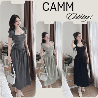  Váy nữ maxi cổ vuông cúp ngực tay ngắn nhún eo dáng dài xòe bồng,đầm nữ cách điệu chân dập ly sang chảnh CAMM HCOM25277 