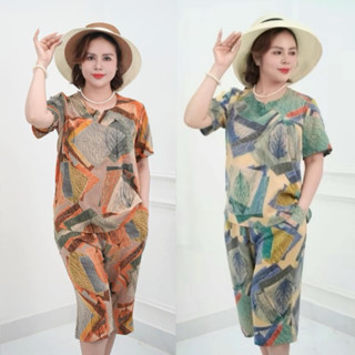 Bộ Lụa Hàn Châu Cho Mẹ Chất Liệu Lụa Mịn Mát Bộ Đồ Trung Niên Quần Lửng Tay Ngắn Hoa Văn To