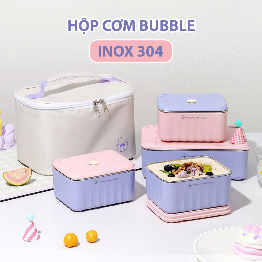 Hộp cơm giữ nhiệt văn phòng Bubble Kamn inox 304 - 1800ml 2400ml chống tràn tiện lợi 