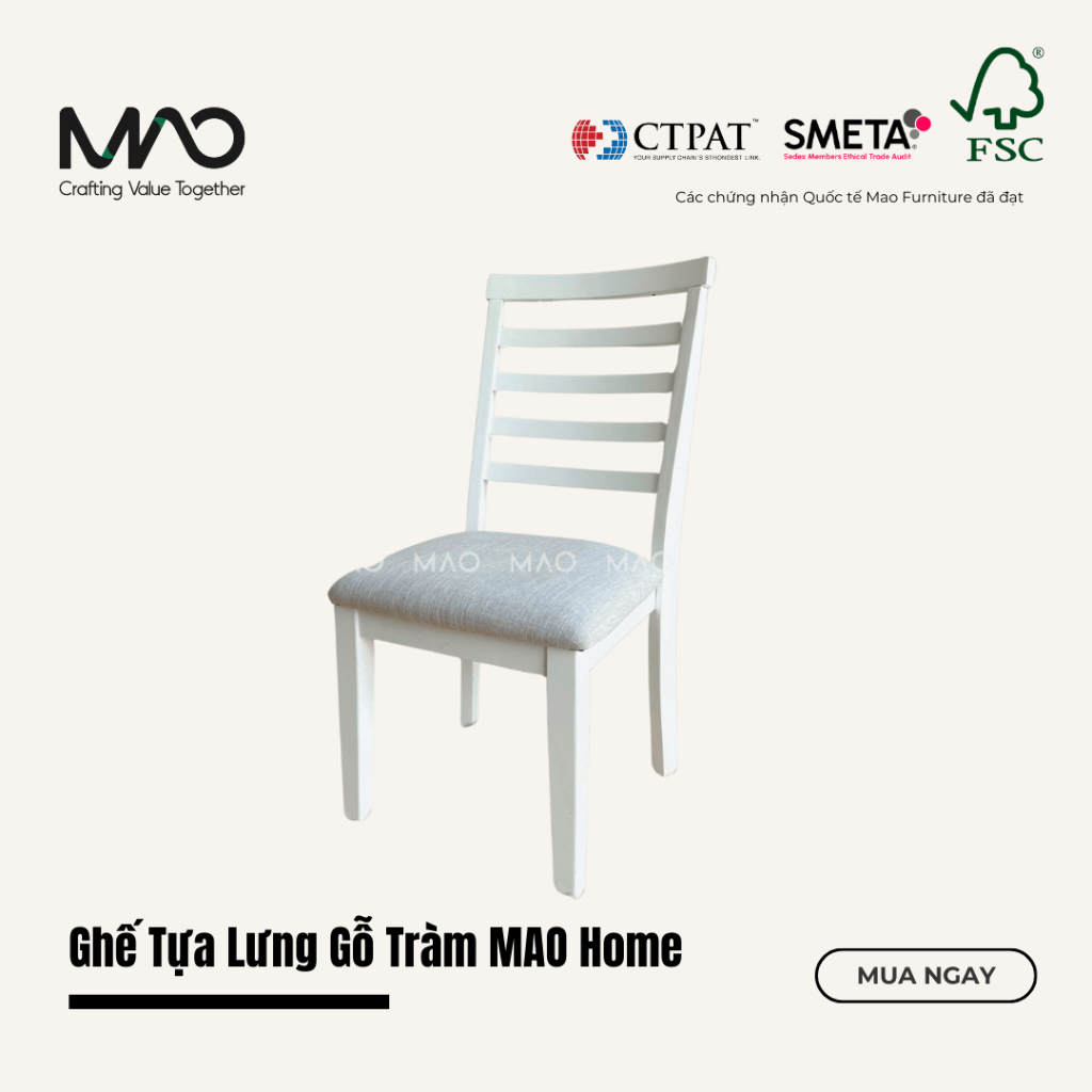 Ghế Tựa Lưng Gỗ Tràm Màu Trắng MAO Home