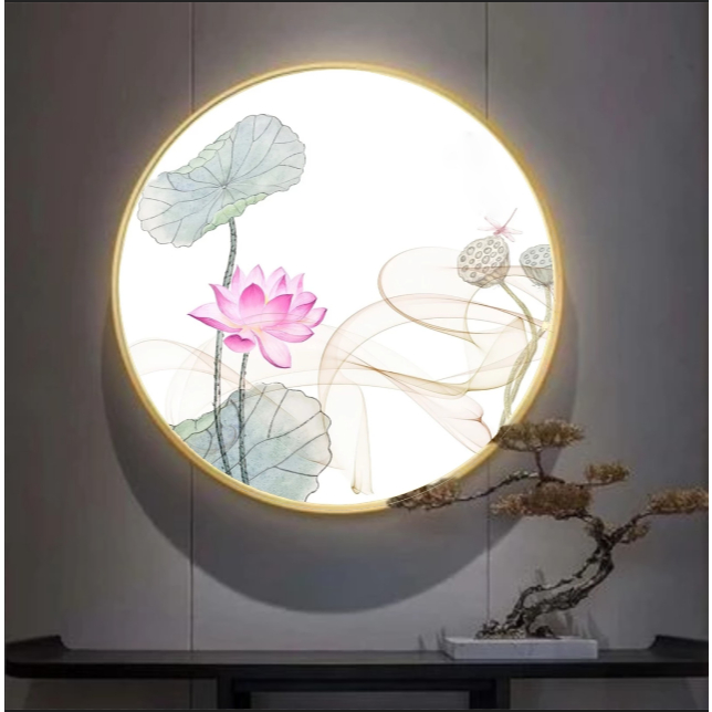Tranh Đèn Led Họa Tiết Hoa Sen Treo Tường Tráng Gương Khung Nhôm Vàng Xước Cao Cấp Trang trí Phòng T