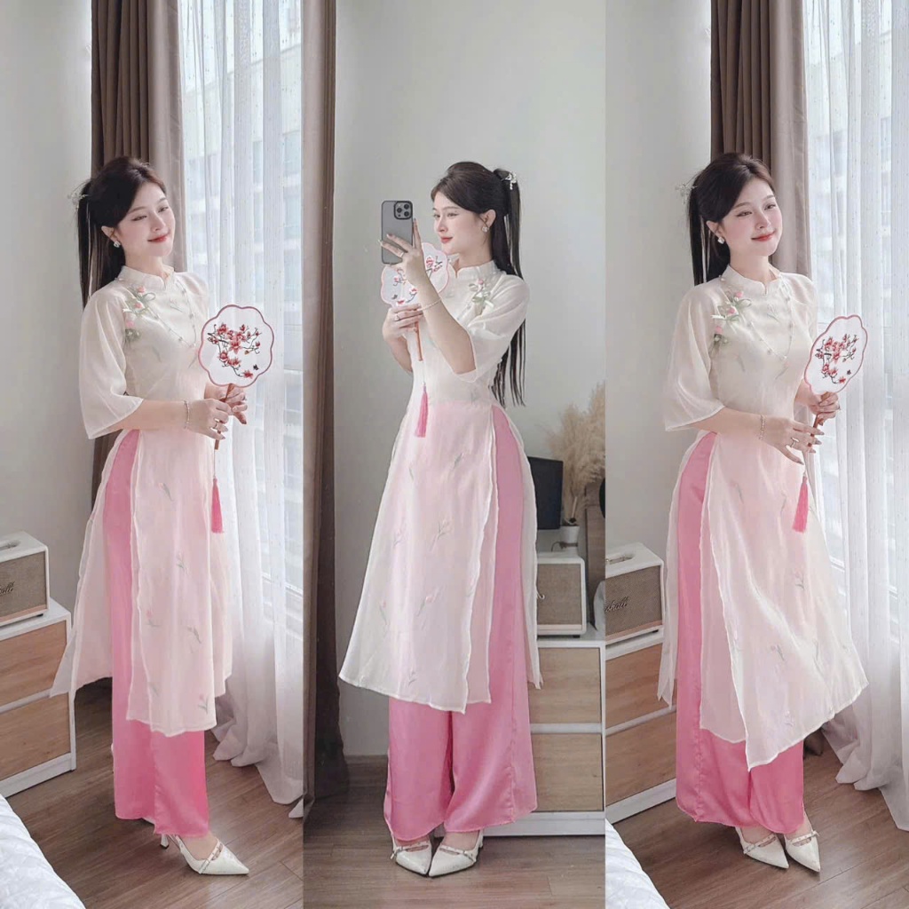 B220 Áo dài cách tân thêu hoa họa tiết tulip đính nơ nút bọc xinh xắn nhẹ nhàng Akara Closet (Hàng c
