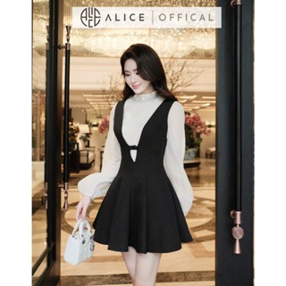 Set Váy Nữ Tiểu Thư Alice, Váy Yếm Ôm Eo Chất Chéo Rubi Dáng Xòe Ngắn Phối Áo Tơ Xốp Cổ Đính Đá Tay Bồng S831