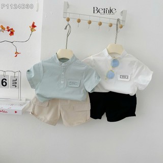  Bộ sơ mi cổ tàu Hàn Quốc cho bé trai bộ sơ mi cổ trụ trơn phối nắp túi phối quần kaki cá tính P1124B30 
